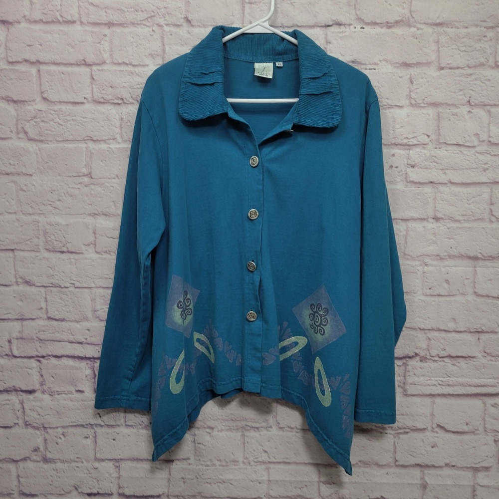 Vintage Focus USA Teal Blue Floral Jacket Womens M Sharkbite Hem Button Up Boho